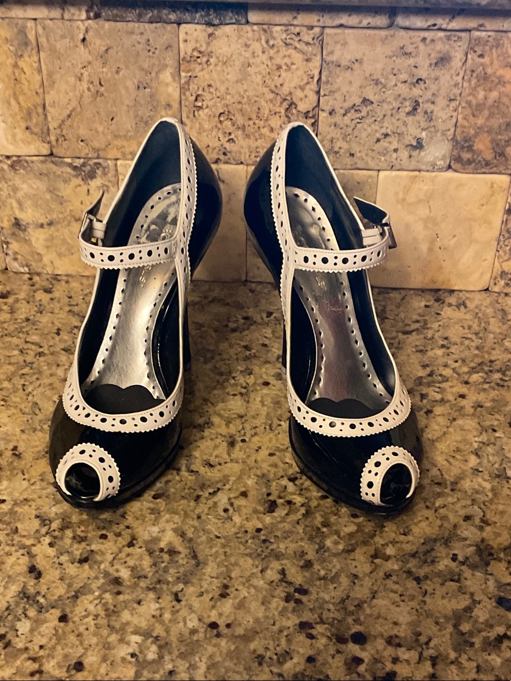 BCBGirls Black and White Mary Jane Peep-Toe Heels